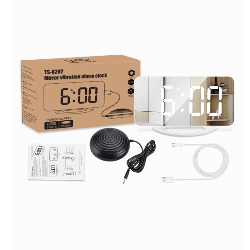 Espejo Despertador con vibración LED para sordos, con recordatorio vibratorio fuerte para personas con discapacidad auditiva, con luz nocturna y sueño pesado