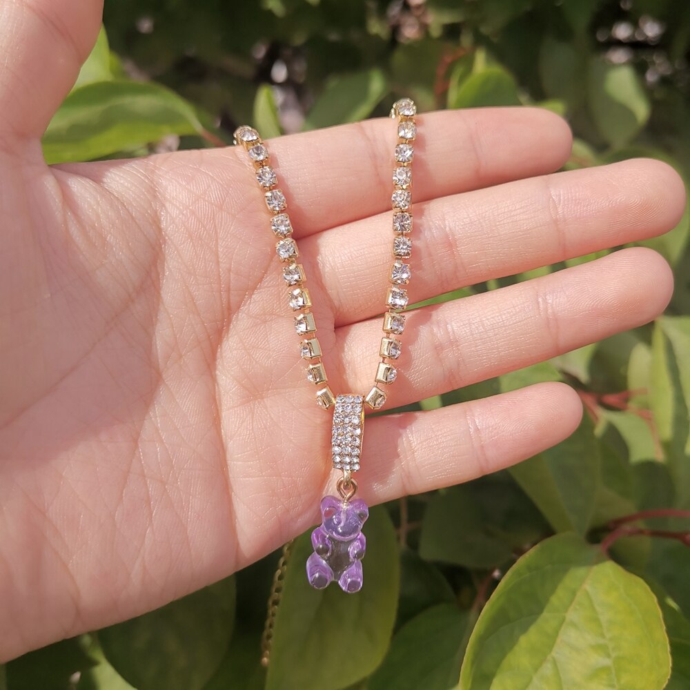 Verloren Dame Stilvolle transparent Bär Anhänger Halsband Halskette für Frauen Glänzenden Strass ErkläSprosse Halskette Schmuck: Violett