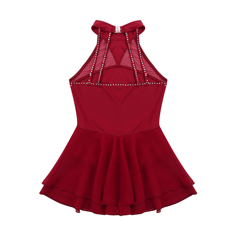 TiaoBug Kids Teens Mouwloze Sparkly Steentjes Mesh Splice Figuur Schaatsen Jurk Meisjes Ballet Gymnastiek Turnpakje Dans Slijtage