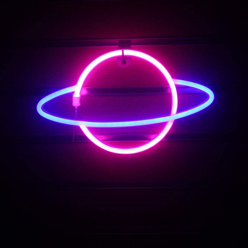 Led neonlampe farverig elliptisk planetformet skilt neonlys til bar fest bryllup hjem indretning atmosfærisk lampe: Lyserød blå