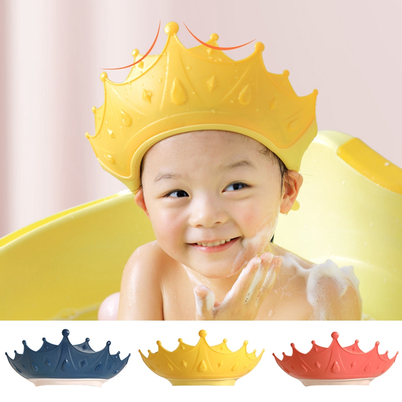 Gorro de ducha con forma de corona para recién nacido, gorro de lavado de pelo ajustable, protección para los oídos, protector de champú seguro para niños, gorro de baño