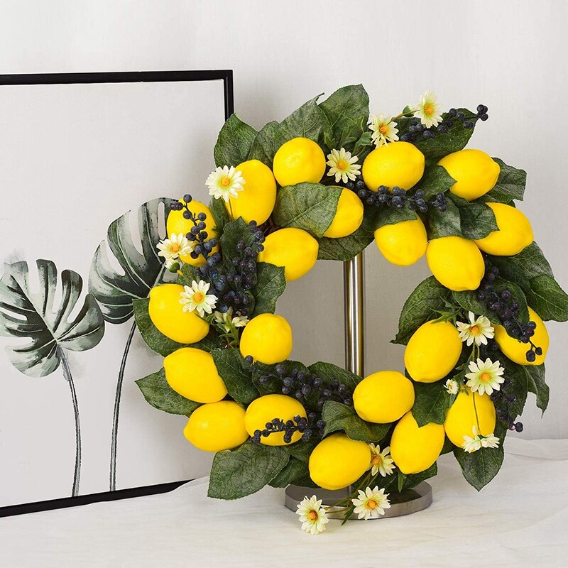 19.68 tommers vårfruktkrans med kunstige sitroner, blåbær og tusenfrydblomst, dekorativ krans til dør- eller veggdekor