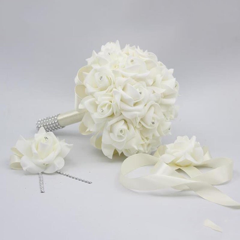 3 stks/set Bridal Bruidsmeisje Kunstbloemen houder Bruidsboeket Boutonniere Pols Corsage Set Thuis Party Bruid Accessoires: Ivory