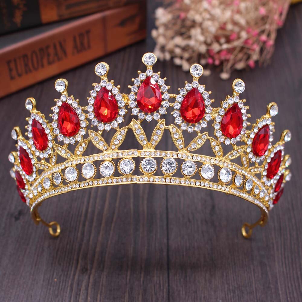 Barock Jahrgang Gold verrotten Kristall Braut Schmuck setzt Diademe Krone Ohrringe Halskette einstellen Frauen Hochzeit Dubai Schmuck-einstellen: 1Stck rot Krone