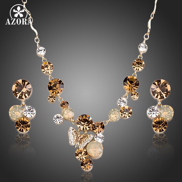 AZORA Gold Color Butterfly Stellux Austrian Crystal Pendant Necklace and Earrings Jewelry Sets TG0155