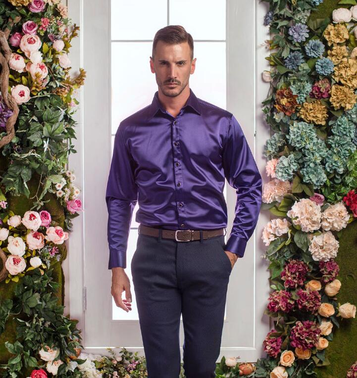 Heren Shirts Big Size Mannen Zeer Goede Lange Mouw Fluwelen Zijde Shirt Herfst Winter Mannen Warm Cultiveren Iemands moraal Shirt: Paars / XXL