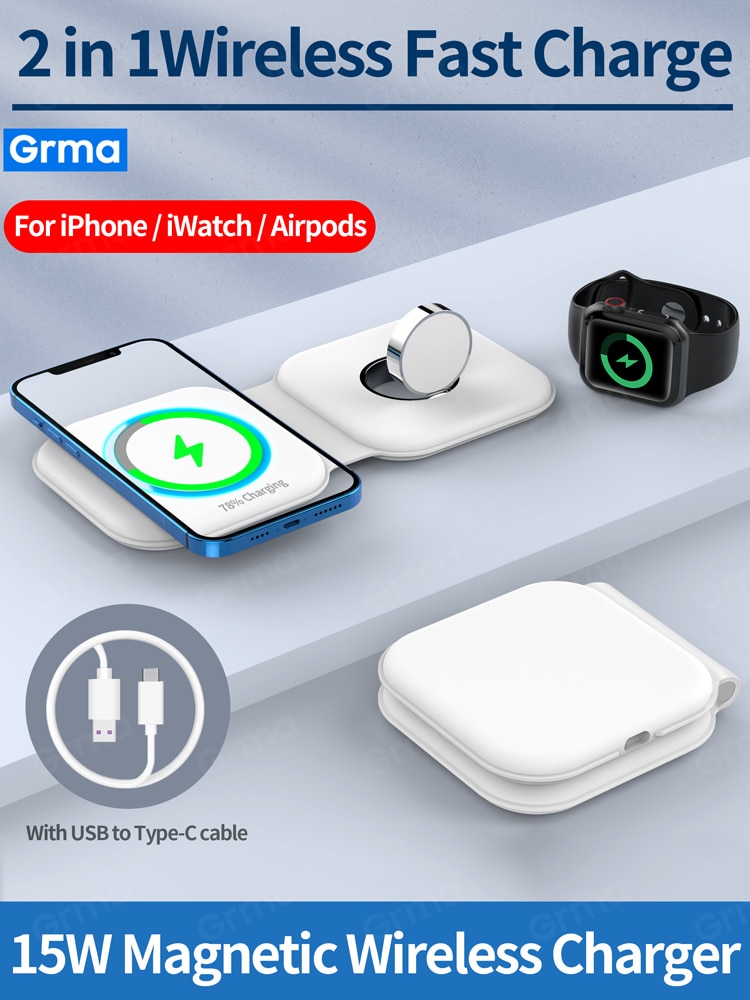 GRMA 2 in 1 Mag Magnetic Safe Wireless Duo Charger for iPhone 12 Pro Max mini 15W Qi Fast Charger for Apple Watch iWatch AirPods