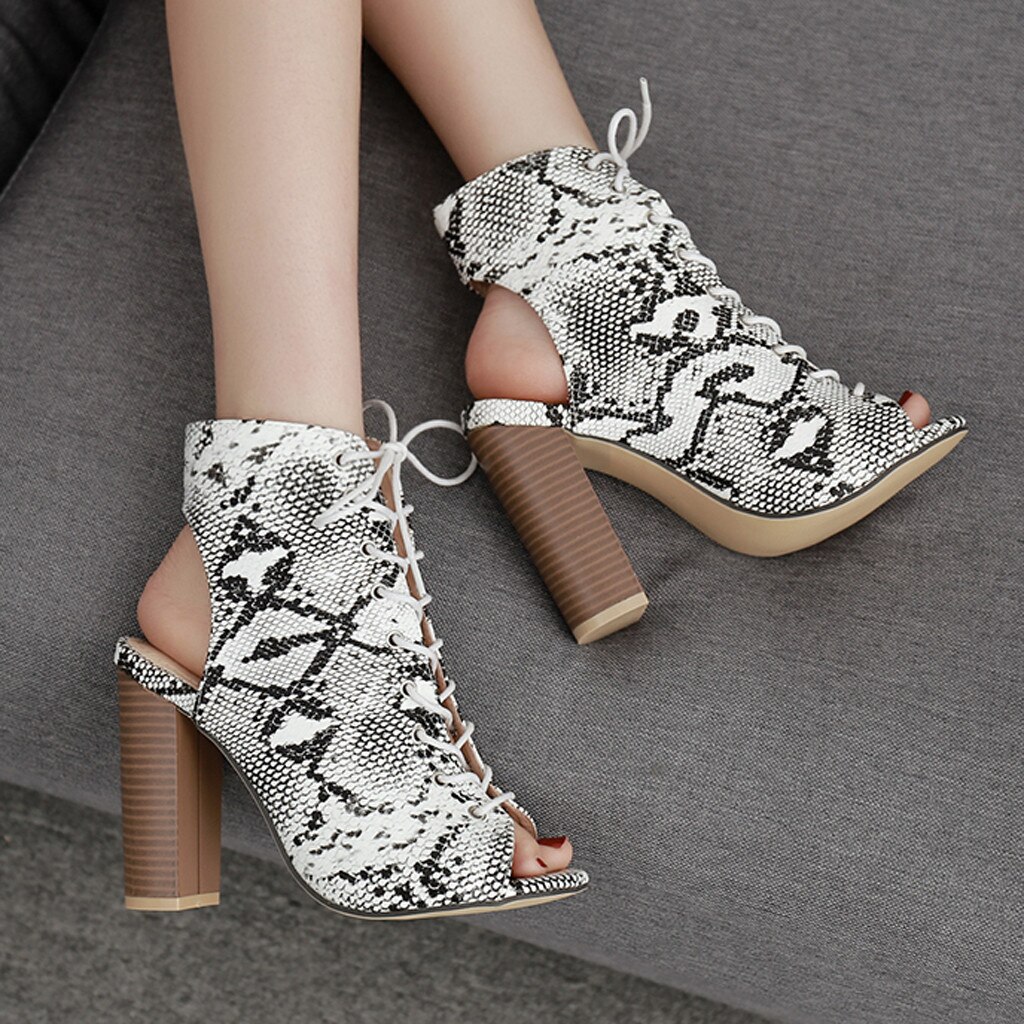 Summer Women's Sandals Snakeskin Strap High Heels Peep Toe Shoes Shallow Mature sandalias Ladies Boots Casual Shoes