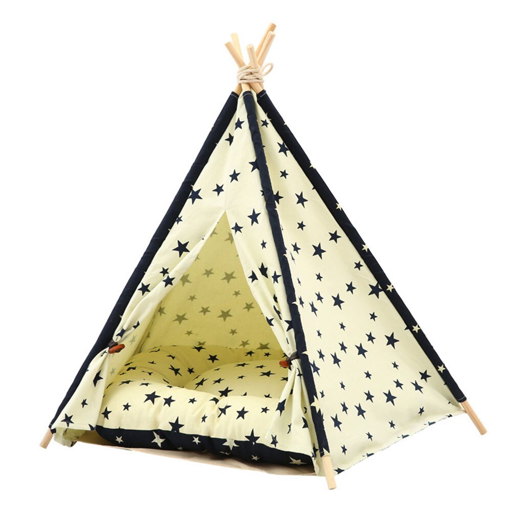 Portable Teepee Star Pattern Pet Tent House Pet Cat Dog Tent Foldable Dog House Nest Bed Dog Cages Kennels House with Cushion: Beige / S