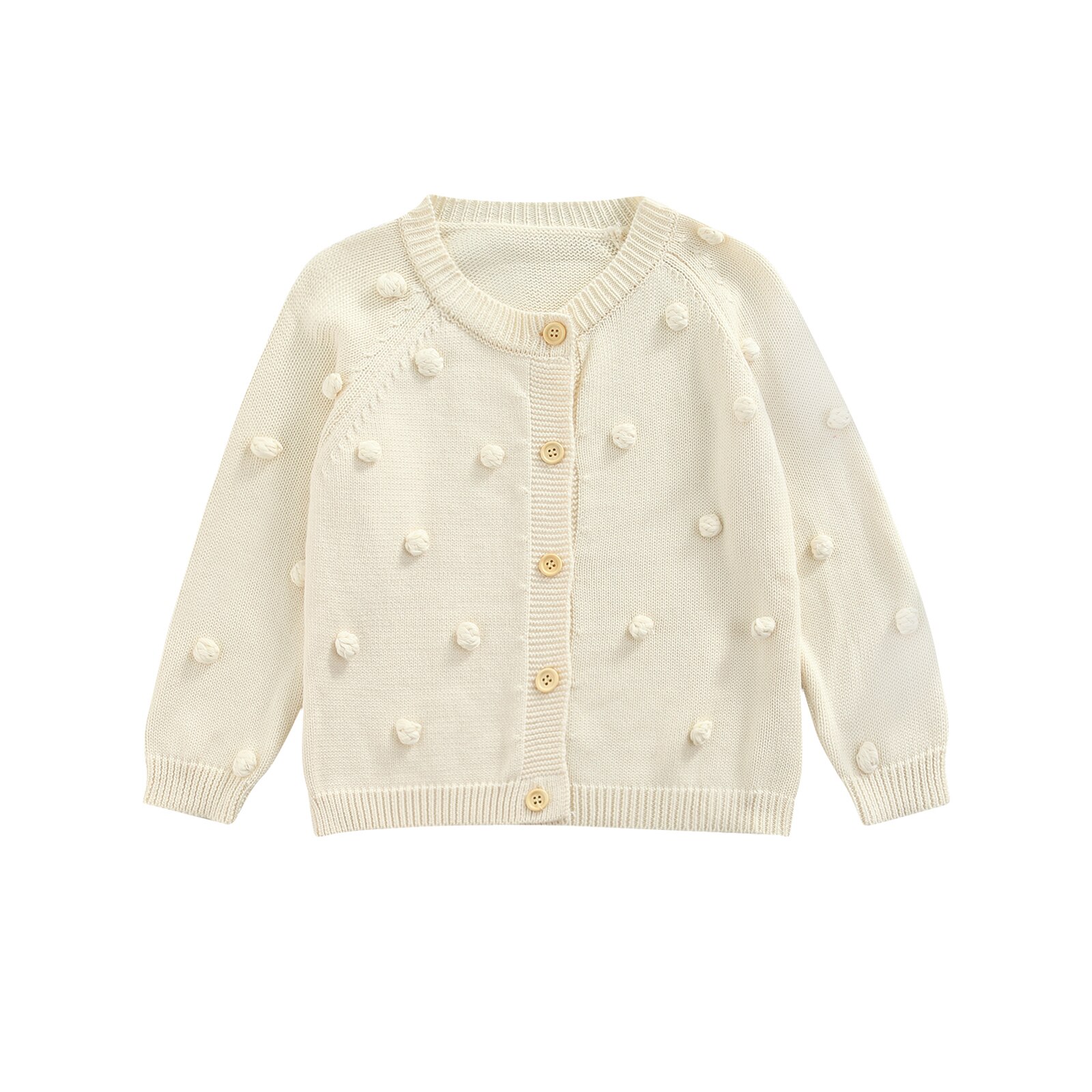 Cárdigan de punto de otoño para niñas pequeñas, decoración de bola de felpa, cuello redondo, manga larga, prendas de vestir de un solo pecho, Tops informales: Beige / 70