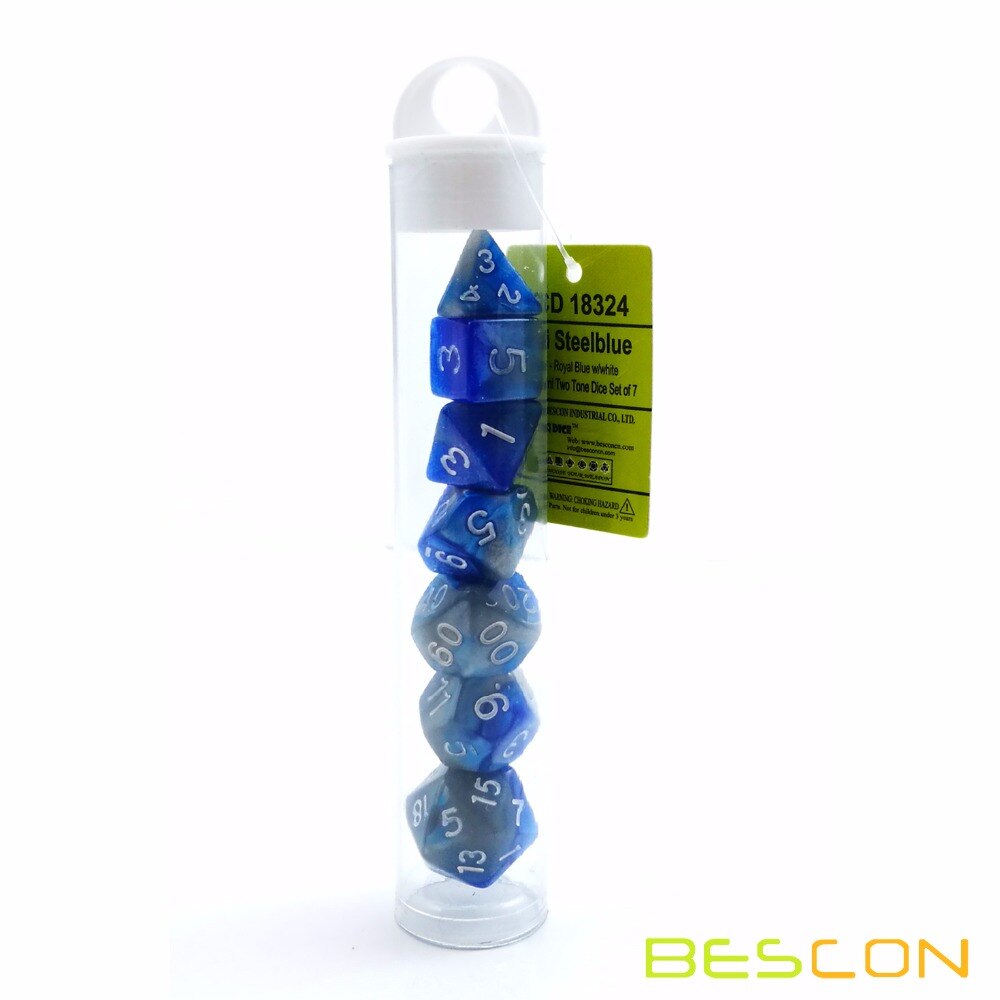 Bescon Mini Gemini Two Tone Polyhedral RPG Dice Set 10MM, Small RPG Role Playing Game Dice D4-D20 in Tube, Color of Steelblue