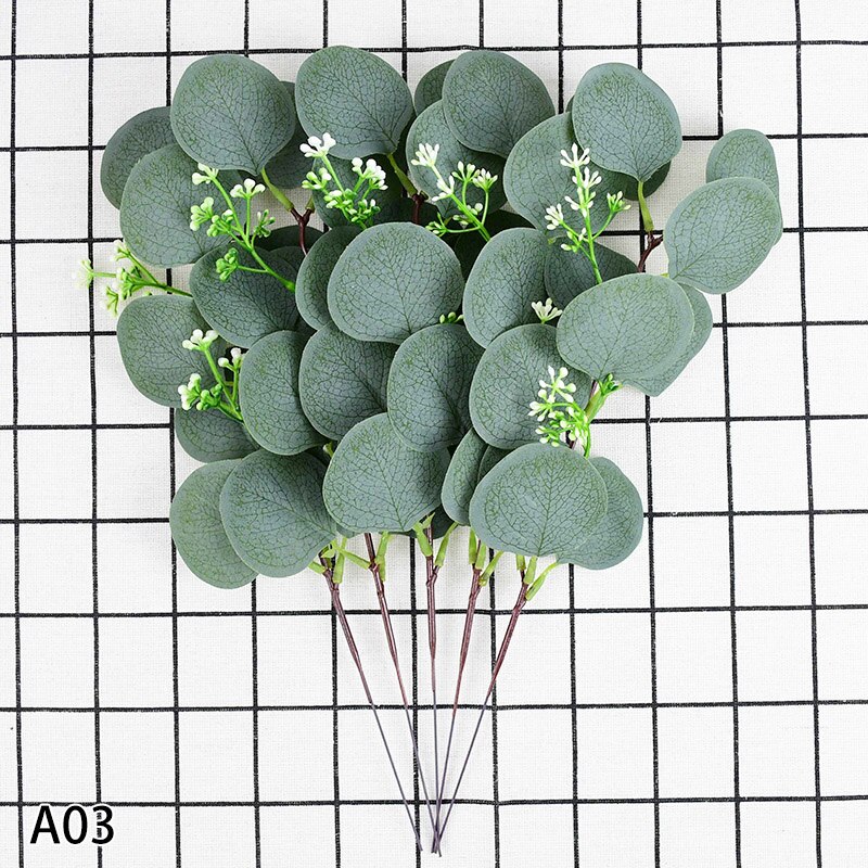 Silk Simulation Eucalipto Stems Artificial Eucalyptus Leaf Plants DIY Bridal Bouquet Bride To Be Wedding Greenery Decorations: A03