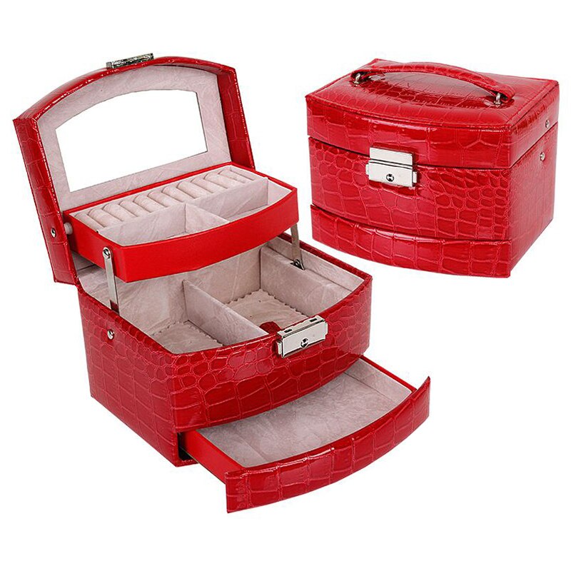 Automatische Lederen Sieraden Doos Drie-Layer Opbergdoos Voor Vrouwen Oorbel Ring Cosmetische Organisator Kist Voor Decoraties: Red