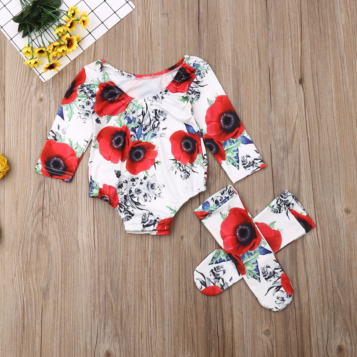 2019 Primavera Outono Bebê Roupas 0-24M Infantil Bebê Menina Miúdo Flor de Manga Longa Bodysuit Macacão Floral Tops + Polainas Sock