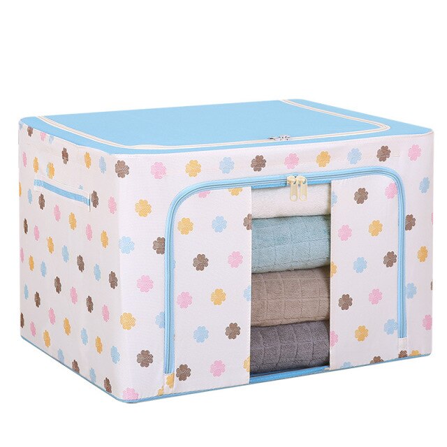 Foldable Oxford Cloth Steel Frame Storage Box Fabric Quilt Waterproof Tide Livingbox Closet Organizer Wardrobe Storage Organizer: Blue Four Leaf