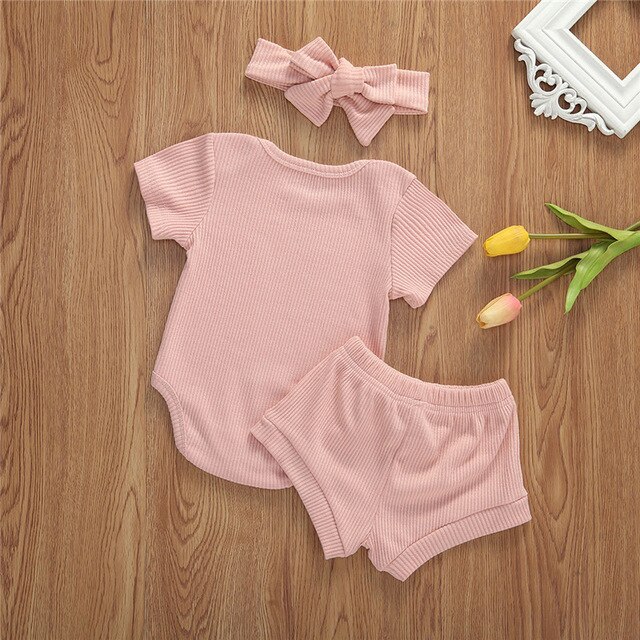 0-18m 3 st bebis flickor pojkar ribbade kläder set bebis pojke flicka ren färg kortärmade romper toppar+shorts byxor