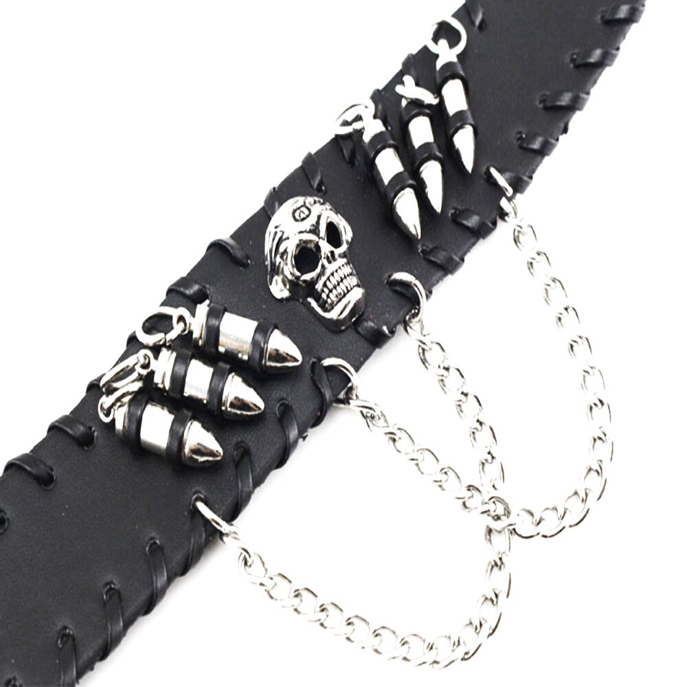 Unisex Black PU Leather Cool Bracelet Punk Bullet Wristband Adjustable Skull Metal Chain Bracelet Punk Biker Rock Gothic