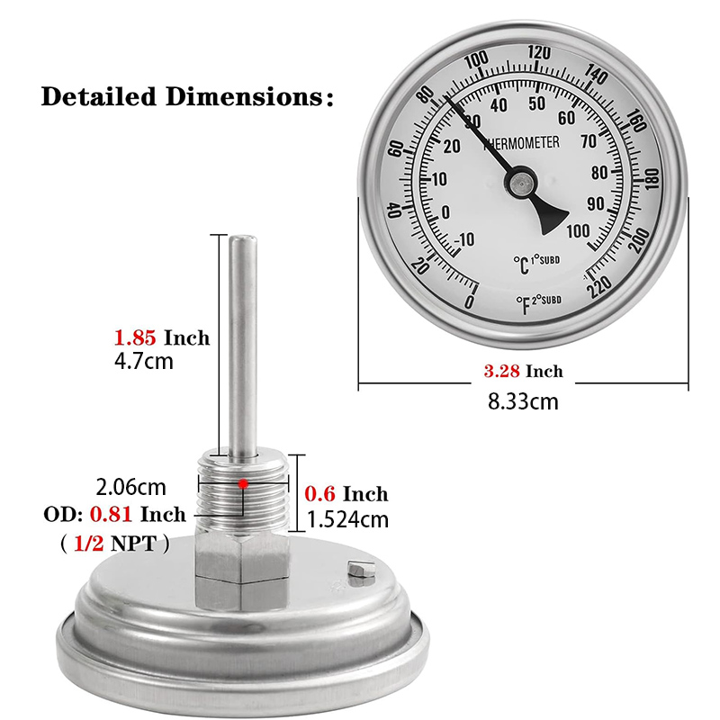 Kit de termómetro bimetálico sin soldadura, sonda de cara de 3 "y 2", 1/2" MNPT, 0 ~ 220F grados, termómetro para elaboración de cerveza, herramienta de barra de hervidor casero