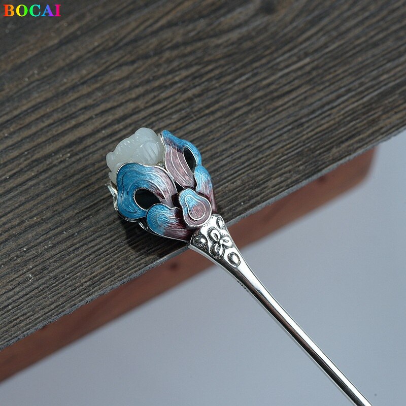 Bocai  s925 haaraccessoires aus sterlingsilber, cloisonné lutos totem jade kopfschmuck, reines silber haarnadel-charm-schmuckstück für damen