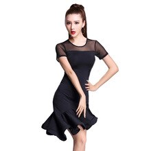 Jupe de danse latine noire pour femme, tenue d'entraînement, Performance, manches courtes