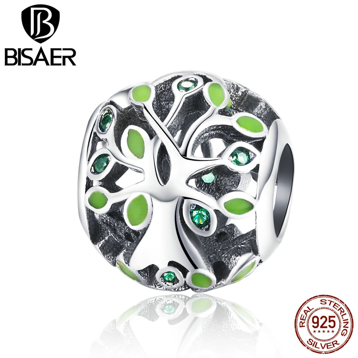 BISAER 925 Sterling Silver Tree Of Life di Fascino Verde Chiaro CZ Branelli Misura I Braccialetti Gioielli FAI DA TE Fare Gioielli In Argento 925 ECC919