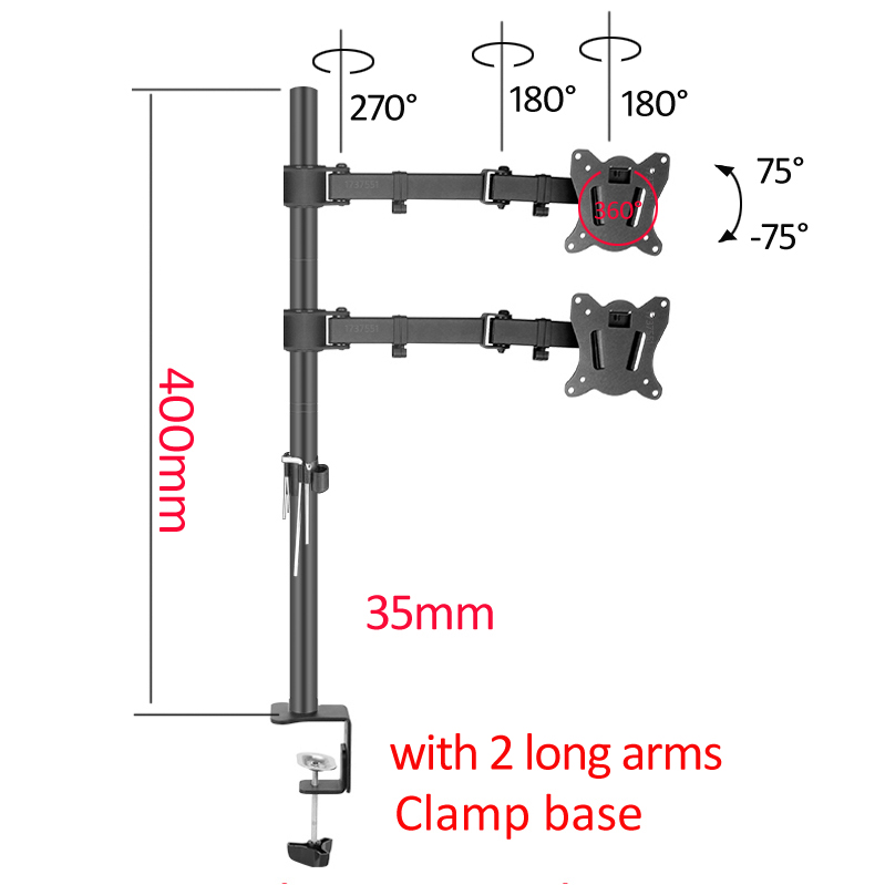 T902-260II-D 10-27" Steel double monitor screen desktop stand table holder lcd tv mount tilt 360 rotate vesa 75 100 clamp 0-80mm: DL-T902-240II-D