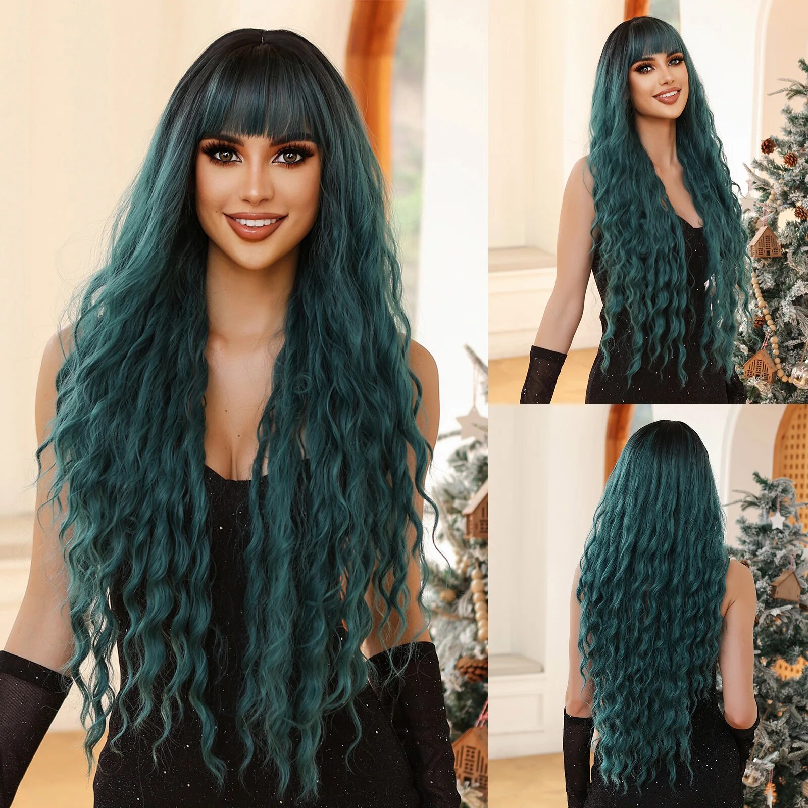 Perruque Synthétique Longue Ondulée Orange pour Femme, Cheveux Naturels Ondulés avec Longue Frange, Perruques de ixCosplay, Degré de Chaleur: n ° 3
