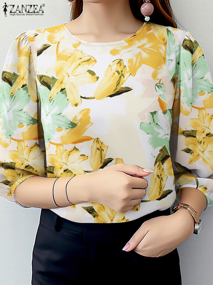 Sommer bohemsk bluse med 3/4 ermer for kvinner blomstertrykk strandtopper zanzea stilig skjorte avslappet o-hals arbeidsbluse: L / Gul