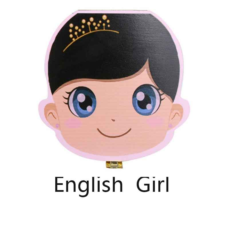 Spaans Engels Russisch Frans Griekse Hout Melktand Box Organizer Melk Tanden Opslag Verzamelen Tanden Umbilica Besparen Baby Keepsake: English girl black