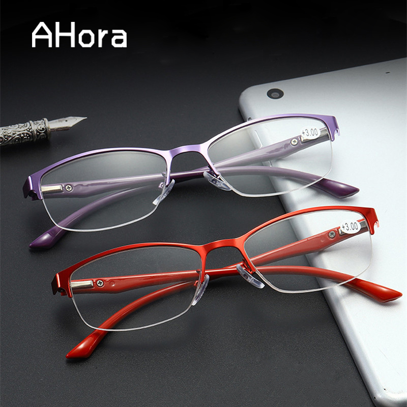 Ahora metall katt ögon läsglasögon halv båge klar lins prebyopi glasögon glasögon hyperopia glasögon  +1.0 to 4.0