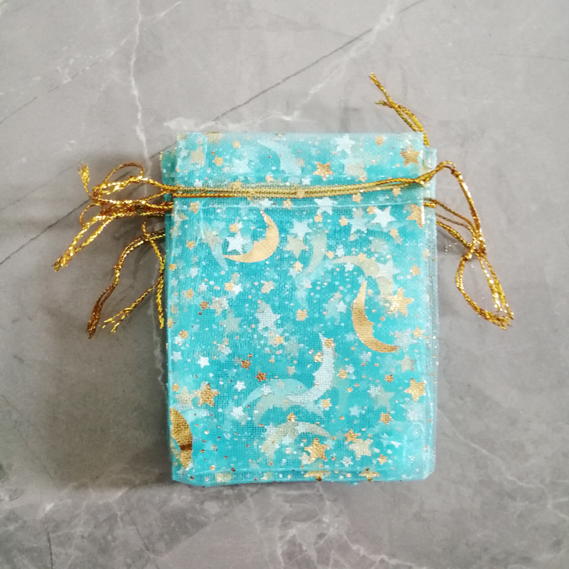 500 sztuk Star Moon Organza torby na prezenty woreczek na etui na biżuterię Mini saszetka sznurek do przechowywania opakowanie biżuterii na torebki torby ekspozycyjne: 9x12cm / Lake Blue Stars Moon