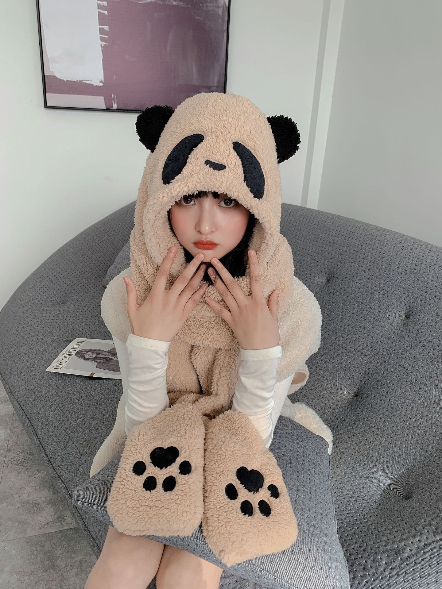 Sombrero de Panda de dibujos animados, conjunto de guantes y bufanda a prueba de viento, Invierno