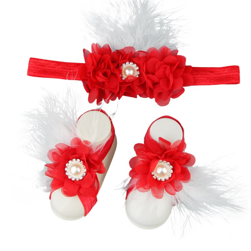 Baby Meisjes Bloem Sandaal Hoofdband Elastische Haarband & Peuter Barefoot Sandalen 1 Paar Baby Photo Prop Set: 8