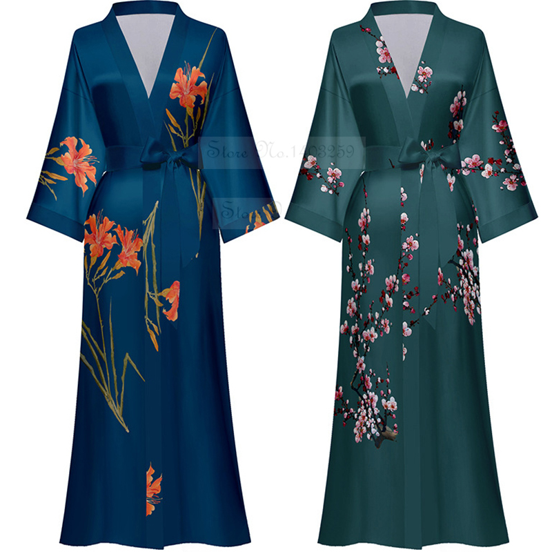 Albornoz tipo kimono largo con estampado de flores para mujer, bata de boda Sexy de media manga, camisón de rayón para primavera y verano, vestido para casa, ropa de dormir