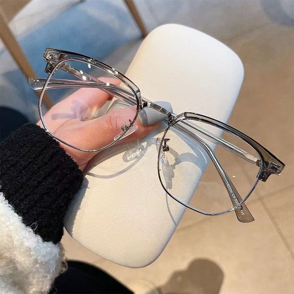 Retro Metal Half Frame Anti-Blue Light Glasses Eye Protection Plastics Flat Mirror Spectacles Half Frame Glasses for Women Men: Red