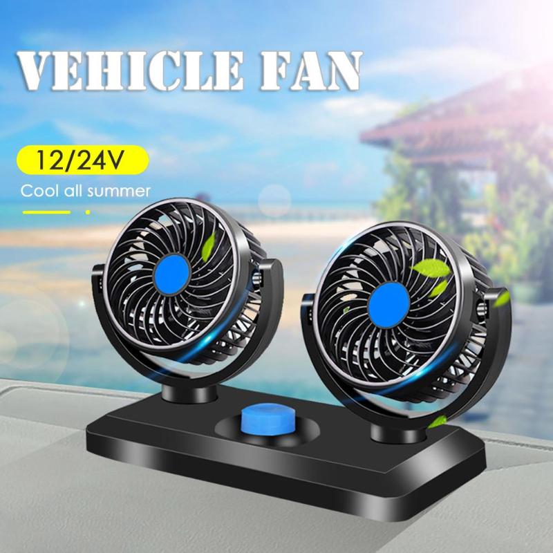 Mini ventilador eléctrico para coche, dispositivo de ventilación pequeño de 12V y 24V, Individual/doble, doble cabezal, USB, rotación de 360 grados, refrigeración de bajo ruido