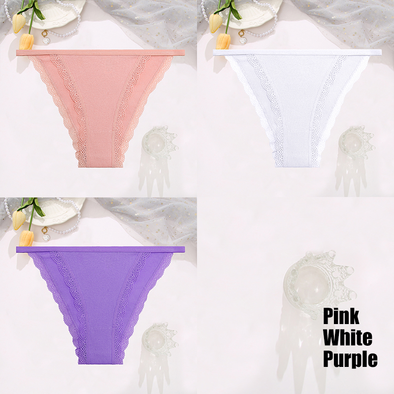 Finetoo 3 stks/set Sexy Kant Katoenen Slips Vrouwen Solid Comfortabele Slipje Vrouwelijke Zacht Ondergoed Ademend Intimates Lingerie: S / Lavendel