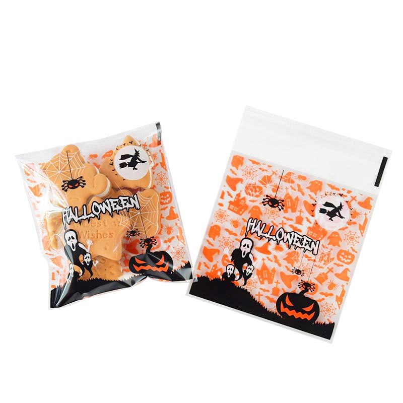 50 kpl 10*10cm onnellista halloween-pussia keksi-karkkipussi muovipakkauspussit kekseille välipala halloween-juhlien sisustustarvikkeet: B04