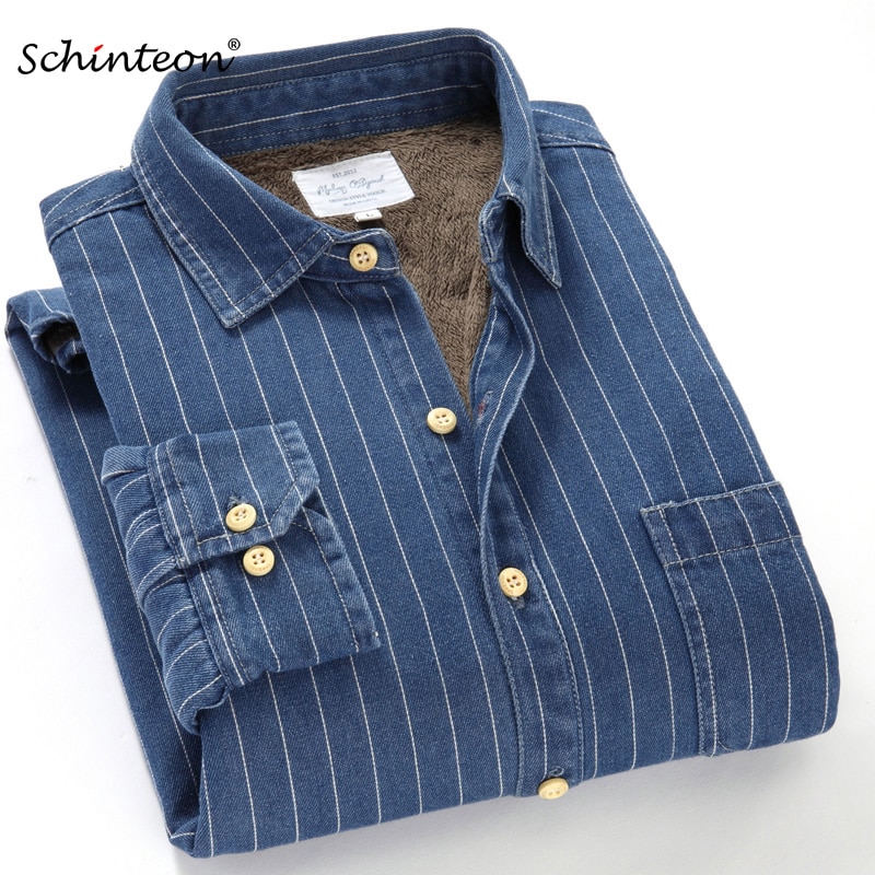 Brand Winter Denim Striped Shirt 100% Cotton Long Sleeves Casual Simple Comfortable Warm Bottoming Shirt