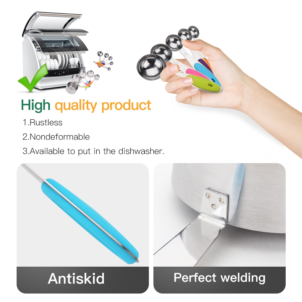 Cuchara con escala de medición de acero inoxidable, juego de tazas y cucharas medidoras de silicona para cocina, utensilios de medición de café y azúcar para hornear