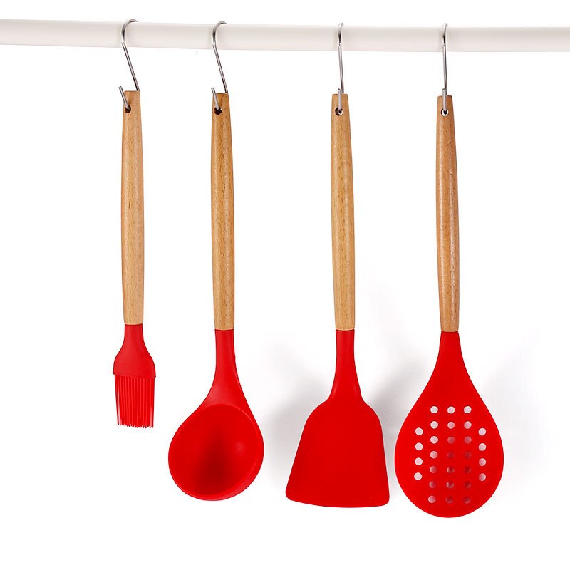 Cooking Tools Silicone Utensils Set Turner Tongs Soup Spoon Brush Non-stick Shovel Oil Spatula Kitchen Tool Set Red