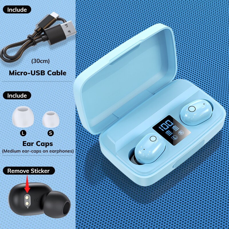 TOPK T10 Wireless Bluetooth Headphones V5.0 Fingerprint Touch Control Bluetooth Earphones with microphone 2000mAh Charging Box: T10-Light blue