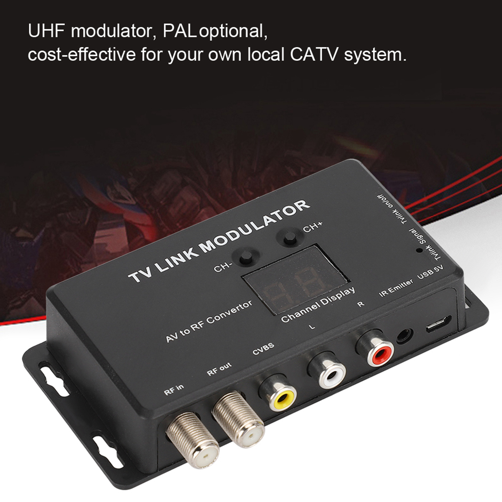 Modulador TM70 UHF TV LINK, Conversor AV para RF, Extensor IR com Display de Canais