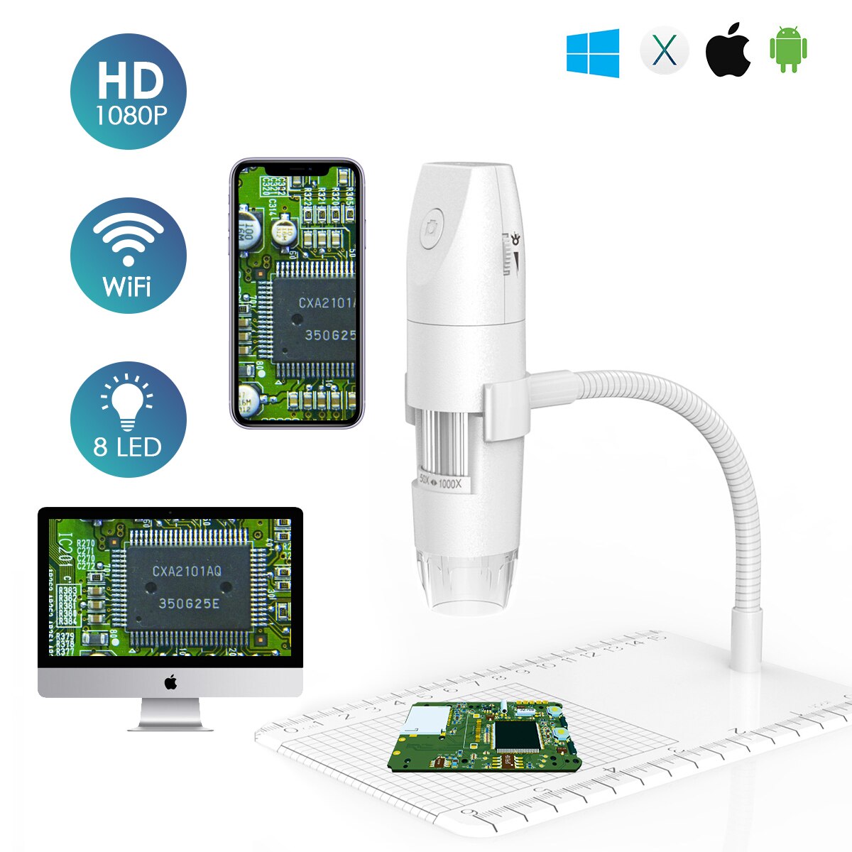 Microscope numérique WiFi sans fil USB 1080P, Microscope Portable avec support de bras et câble USB 50x1000x réglable: White