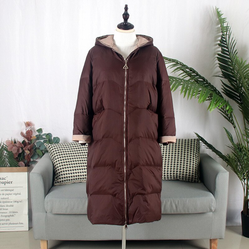 Schinteon Style coréen Baseball doudoune avec capuche manteau en vrac hiver longue Outwear 90% blanc canard vers le bas manteau sur la taille: Coffee with hood / S
