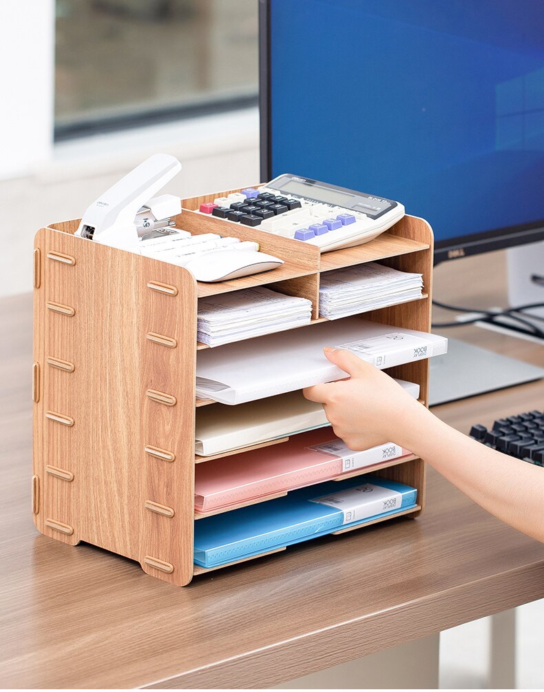 Étagère de rangement de bureau multifonctionnelle, en bois , papeterie de bureau, classeur de données, organisateur simple à plusieurs niveaux