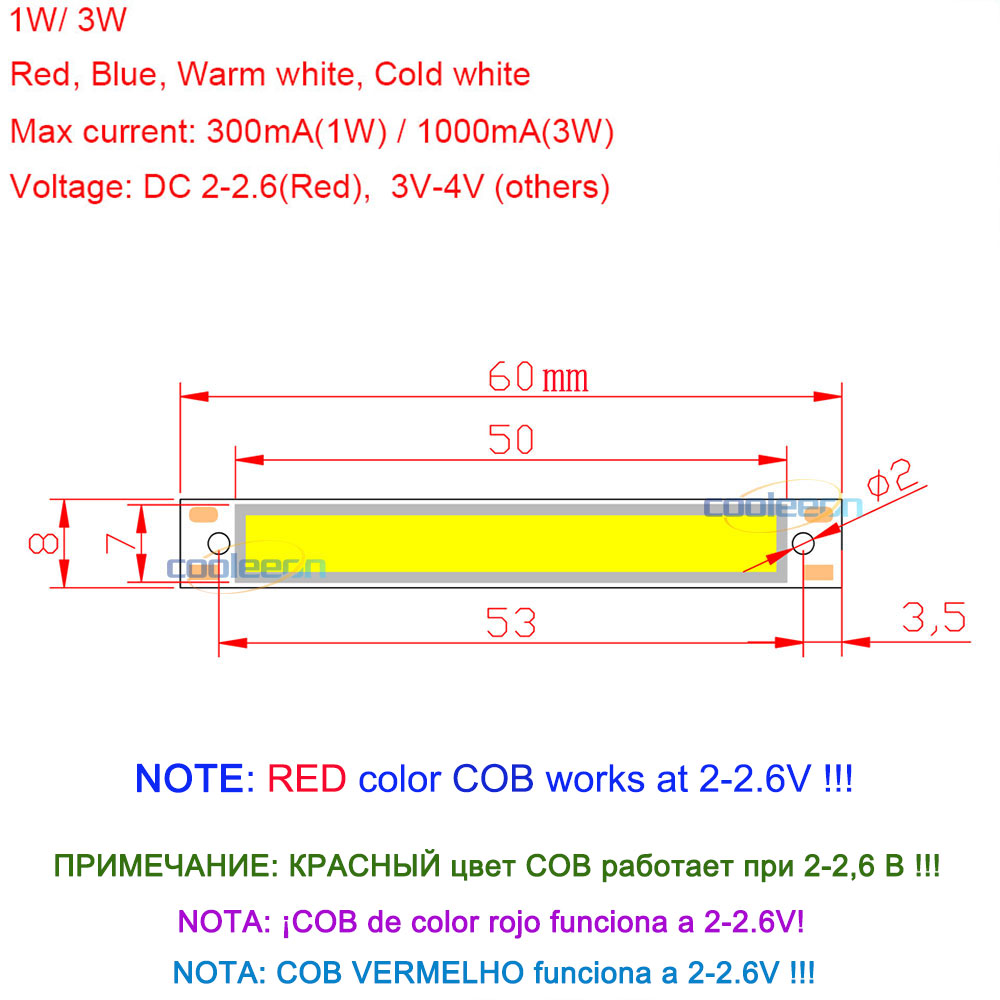 60x8mm 2V 3V bombilla LED COB tira 3,7 V Chip a bordo blanco frío cálido Color azul rojo 1W 3W luces LED COB lámpara de trabajo
