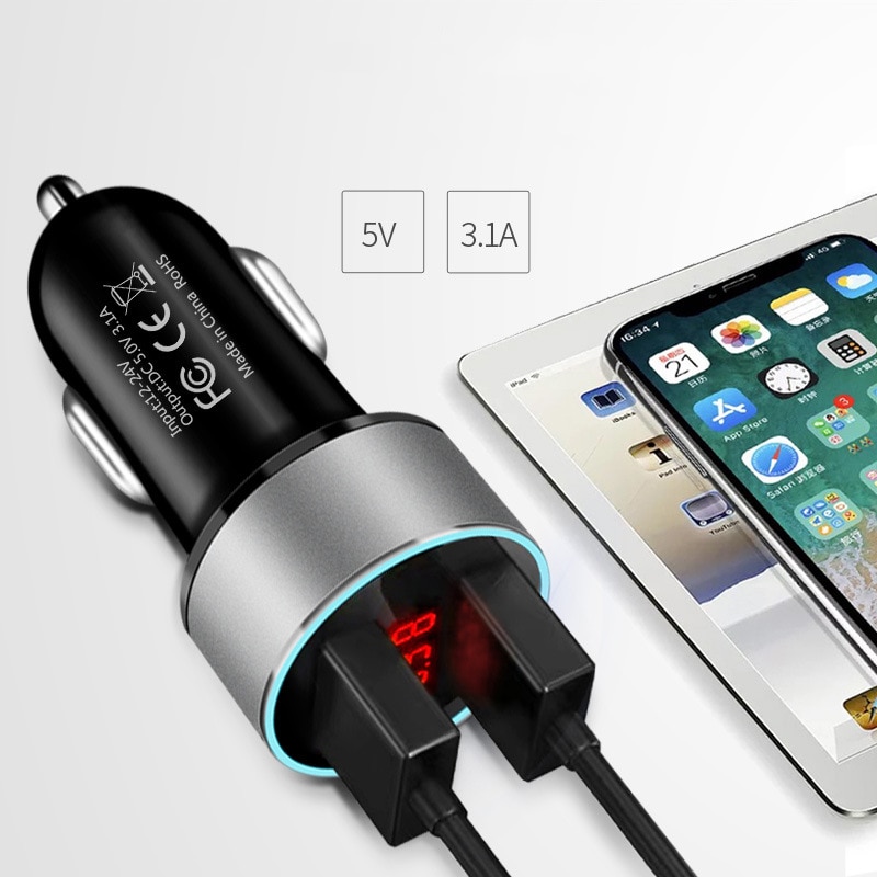 Felkin Dual USB Car Charger 3.1A LED Display Aluminum Car Phone Charger for iPhone 11 Pro Max 7 8 XR for Xiaomi Samsung Tablet