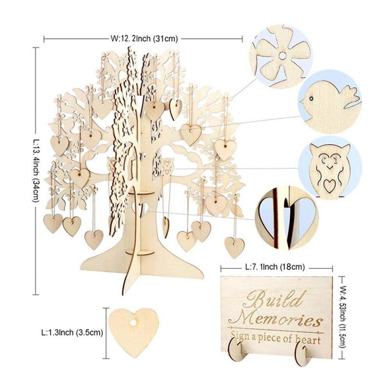 3D Houten Ornamenten Wedding Party Message Board Wensboom Hart-vorm Opknoping Decoratie