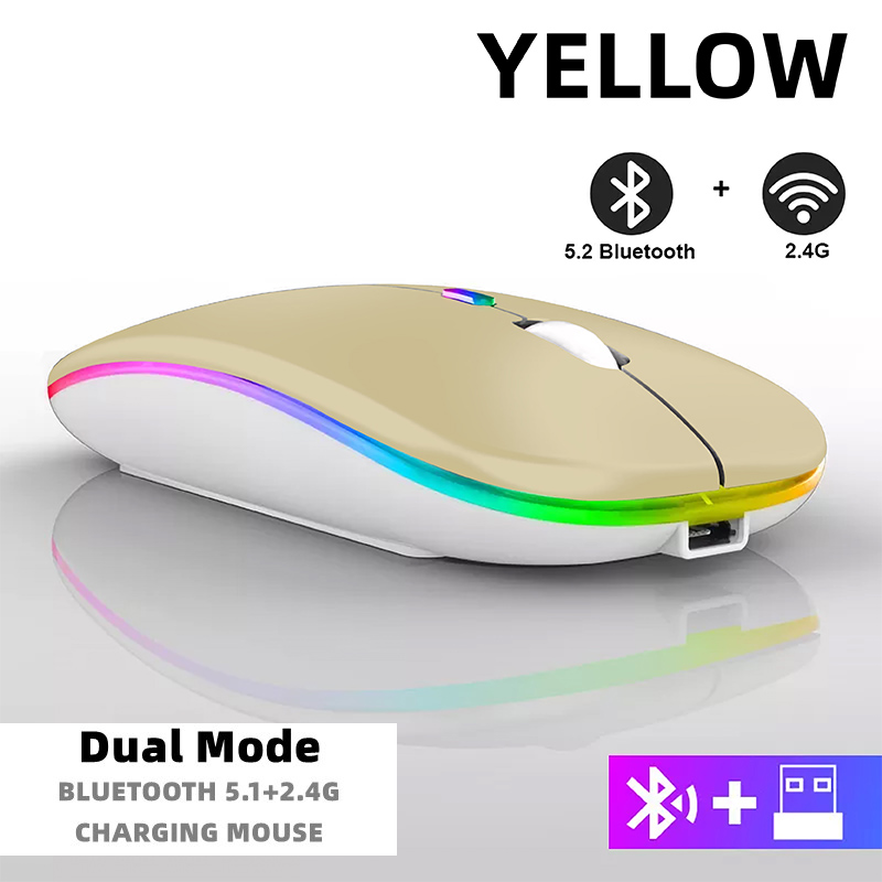 Ratón inalámbrico Bluetooth para tableta, teléfono, retroiluminación RGB recargable, para iPad, PC, portátil, tableta, teléfono, ratón USB de 2,4 GHz: Plata